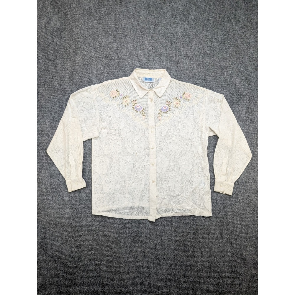 Vintage QPS Lace Blouse‎ Floral Embroidered Long Sleeve Ivory Cottagecore Granny